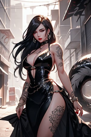 A femme fatale emerges from a smoky alleyway at midnight. In stark black and white, her raven hair cascades down her porcelain skin, adorned with a vibrant tattoo of a serpent coiled around her wrist. Her eyes gleam like polished onyx as she pouts, lips painted a deep crimson. The cityscape behind her dissolves into shadows, while the curves of her body create a sense of longing. Chicano art's bold lines and textures infuse the portrait with a gritty, romantic intensity.