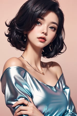  masterpiece, top quality, best quality,(close-up:1) (gradient Metallic tin foil background:1), ((1girl, gradient gradient hair)), ( gradient Metallic tin foil dress, pink eyeshadows)