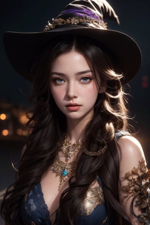  official art,beautiful and aesthetic,1girl,long hair,beautiful face,detailed eyes,colorful,jewelry,night,(realistic:1.5),extreme detailed,(fractal art:1.3),witch,