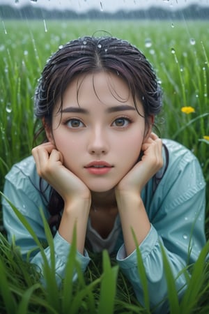 A girl lying in the middle of grass field while contemplating, detailed expression, heavy rain weather, the rain wet her face, the field is transformed into a dreamlike landscape straight out of a Studio Ghibli movie. The delicate details and vibrant colors make this a truly unique and captivating image. angle from below

