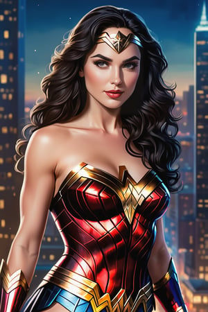 photo realistic, full body (Sarah Jordan), dressed in a very tight wonder woman suit, black hair, long wavy hair (tetradic colors), no mask, night city background, inkpunk, full shot, cel-shading style, centered image, ultra detailed illustration, ink lines, strong contours, art nouveau, MSchiffer art, bold strokes, no frame, high contrast, cellular shading, vector, 32k resolution, best quality, procreation, watercolor technique, poster design, 300dpi, soft lighting, ethereal art, mysterious and serene expression, charming atmosphere, bokeh, photography, 8k, dark and dynamic action, pale faded style, dreamy nostalgic, soft focus, dark vignetting, light leaks, medium photography, art painting of shadows, ethereal photography, whimsical and rough grain