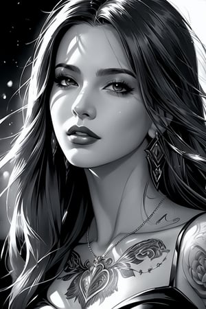 female, fantasy, beauty, in the style of noir comic art, realistic hyper-detailed portraits, tattoo, black and white grayscale, chicano art, realistic yet romantic, flowing lines --ar 23:36 --stylize 750 --v 6