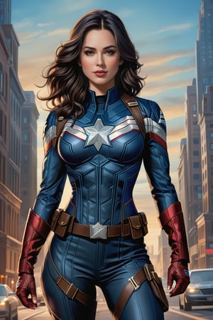 photo realistic, full body (Sarah Jordan), dressed in a very tight Captain America suit, black hair, long wavy hair (tetradic colors), no mask, night city background, inkpunk, full shot, cel-shading style, centered image, ultra detailed illustration, ink lines, strong contours, art nouveau, MSchiffer art, bold strokes, no frame, high contrast, cellular shading, vector, 32k resolution, best quality, procreation, watercolor technique, poster design, 300dpi, soft lighting, ethereal art, mysterious and serene expression, charming atmosphere, bokeh, photography, 8k, dark and dynamic action, pale faded style, dreamy nostalgic, soft focus, dark vignetting, light leaks, medium photography, art painting of shadows, ethereal photography, whimsical and rough grain