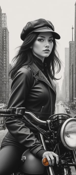 A stunning hyper-realistic charcoal artwork by Sasan, showcasing Maeve, a 18-year-old woman with dark hair and a newsboy cap. She is casually posed with a half-cut leather jacket, leaning on her motorcycle. The background features a captivating cityscape with towering buildings, creating a dynamic contrast between the subject and the urban environment. The artwork is enriched with oil varnish, showcasing deep and rich colors, and pays homage to the beauty of nature through a print collage of a woman's face in the style of Josef Kote, Grunge Beauty, Dain Yoon, and Cyan and Blue. The multi-layered composition and Antonio Mancini's influence result in a captivating and thought-provoking piece, displayed on a sustainable black iron panel. The charcoal sketch invites viewers. 