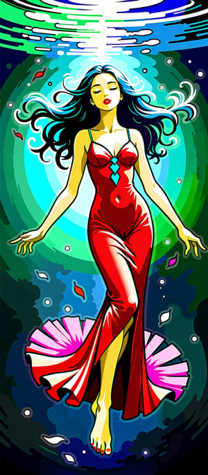 A graceful floating 2 year old water goddess Suggested details Indian-like style A graceful floating water goddess, her delicate figure is surrounded by a tranquil garden of ethereal water flowers. These flower petals convey many emotions, moving gently with the wind rippling on the surface of the clear water. The stems of aquatic plants come in many vibrant colors, dazzling with their beauty. This captivating scene is depicted in a painting of stunning detail, where every aspect comes alive with rich and vibrant colors against the surrounding green background, transcending reality and illusion. , the footage has high detail, impressive lighting, and is extremely realistic.