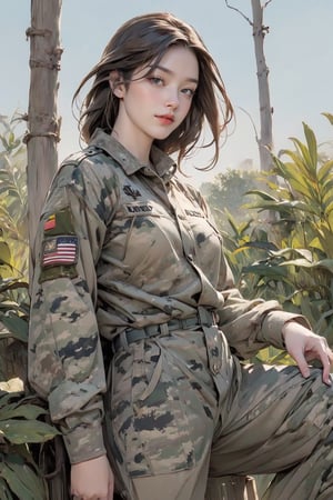perfect anime quality, (beautiful:1.2), school, (brown hair, soldier, united states army, military), elegant, intricate, (8k:1.3), (best quality, ultra highres), battlefield, forest, camouflage, camouflage pants, soldier outfit, beautiful sky, brown eyes, simple anime