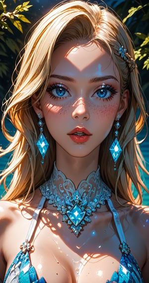 A masterpiece of realism, this close-up captures the essence of a 19-year-old girl's refined beauty. Her parted lips whisper secrets as her expressive face radiates an ethereal glow. Pale blonde hair flows like water down her back, framing her slender figure in a delicate white gown adorned with intricate blue embroidery. The upper body is centered, arms outstretched, as she stands knee-deep in a crystal-clear lake amidst a serene Scandinavian backdrop of dense pine trees and a soft pink-purple dawn sky. Her pale blue eyes seem to hold the secrets of the mystical aura surrounding her, skin glowing with an otherworldly light.