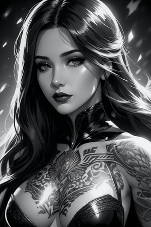 female, fantasy, beauty, in the style of noir comic art, realistic hyper-detailed portraits, tattoo, black and white grayscale, chicano art, realistic yet romantic, flowing lines --ar 23:36 --stylize 750 --v 6