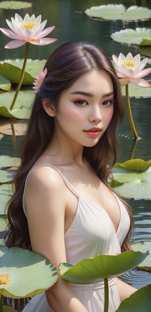 (best quality,realistic:1.37),A girl surrounded by beautiful water lilies,in a serene garden,with vibrant colors and sharp focus,illuminated by soft sunlight.Her eyes are detailed and captivating,with long eyelashes.The girl's face is extremely detailed,with a flawless complexion and rosy cheeks.Her lips are beautifully detailed,painted in a gentle pink shade.She is wearing an elegant white dress that flows gracefully around her.Vivid green leaves of various shapes and sizes frame the scene,creating a lush and peaceful atmosphere.The water lilies float delicately on the tranquil pond,their petals displaying shades of pink, purple, and white,while their leaves provide a vibrant green contrast. The sunlight reflects on the surface of the water,creating a shimmering effect.The garden is filled with the fragrance of flowers and the sound of buzzing insects,adding to the overall sensory experience.It is a masterpiece of nature, captured in this photorealistic painting.