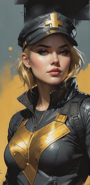 Athena, urban Comics, black and gold flag ornaments, Marvel, sci fi, highly technology, iconographic, glitch background, , watercolor, ink, mist, interactive image, highly detailed, art style by Clayton Crain + Ross Tran + Rachel Walpole + Jeszika Le Vye + Dan Volbert + Simon Stalenhag + Brian Stelfreeze