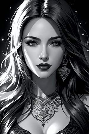 female, fantasy, beauty, in the style of noir comic art, realistic hyper-detailed portraits, tattoo, black and white grayscale, chicano art, realistic yet romantic, flowing lines --ar 23:36 --stylize 750 --v 6