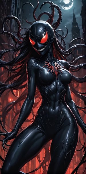 Generate a hyper-realistic, hyper feminine,  image of a sinister symbiote enveloping its seductive sexy female host in a parasitic but ((sexual)), embrace, its dark tendrils merging with the host's form in a malefic dance of assimilation. The symbiote's eyes should gleam with a bright red glow, and the host should bear the marks of the malevolent symbiote's influence, Dystopia horrific background, 