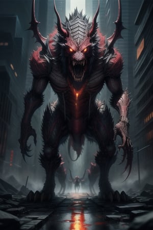 masterpiece, best quality, giant dragon beast, massive in size, absolutly terrifying appearance, glowing red blood colored eyes, thousands of rows of sharp teeth, giant massive size, scary atmpspher, dramtic lighting, 