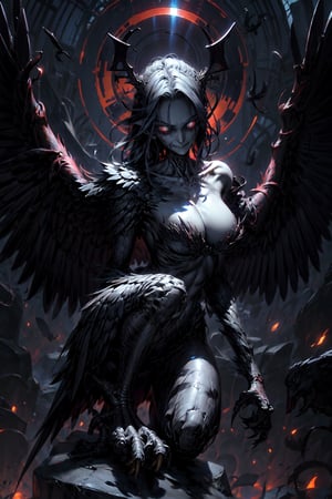 (masterpiece) best quality, Longshot of Sexy, sinister,  Harpy woman, Devilish eyes, an evil smile, (bird wings for arms:1.3), (((half woman half bird))), (Dark evil atmosphere and horrifying lighting:0.99), large breast, bird talons for feet, seductive and sinister eyes, roman stone castle in ruins backround, dark earier shadows, blood and bones covering the area, ,harpy