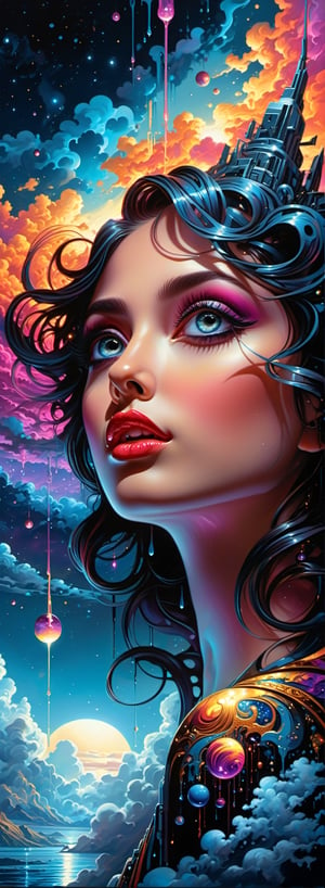art By Dan Mumford, Masterpiece, Best quality, a beautiful girl in the sky surrounded by galaxies & psychedelic clouds, in the style of exotic fantasy landscapes, Paul Robertson, HD image, heavenly landscapes, uses shadows and lights to create a sense of depth and realism, dramatic lighting, perfect face, pretty glowing eyes, light eyes, dripping psychedelic liquid, bending reality,  realistic eyes, perfect nose, perfect lips, fix eyes, fix nose, ultra highly detailed, detailed, digital painting, highly detailed, intricate, intricate pose, Clarity, high quality, perfect composition., trending on artstation, sharp focus, studio photo, intricate details, highly detailed, by greg rutkowski,dripping paint