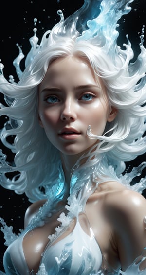 Cinematic results, portrait shot,  create an illustration of a beautiful ice-elemental-woman with white flowy hair resembling steam in water and clothing made of glowing fractal ice, hyperdetailed ultrarealistic face,  8kUHD, alberto seveso style, 