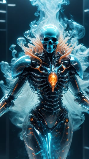 anatomically correct a biomechanical cyborg made of smoky glass, transparent body, bioluminescent skin,  glass smoke texture, glass, soft bright background, shine, subsurface scattering, transparent, glow, smoke, jellyfish, coral, Bioluminescent liquid, particle volumetric light, tube, 3d style,cyborg style,Movie Still,Leonardo Style
,z1l4