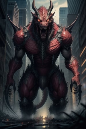 masterpiece, best quality, giant dragon beast, massive in size, absolutly terrifying appearance, glowing red blood colored eyes, thousands of rows of sharp teeth, giant massive size, scary atmpspher, dramtic lighting, 