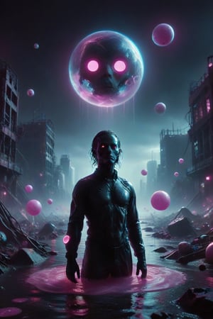 Create an image featuring a mysterious figure standing in a surreal, dark landscape surrounded by floating orbs with facial features against a moody pink and pastel blue scheme. This image will have a vaporwave aesthetic with a sinister style. Include intricate abstract swirl patterns emanating from the character's head to enhance the mystical vibe of the artwork. (standing on a river of neon pink liquid showcasing a slight joy in a vaporware dystopian future:1.1), A deep seeded nightmarish darkness orchestrates the terror beneath the somewhat bright cheery image displayed here giving chills to the v viewer. 
,zavy-cbrpnk