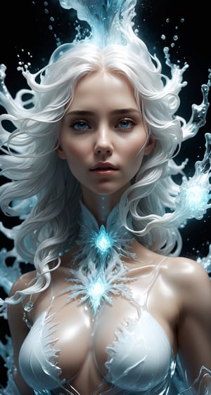 Cinematic results, portrait shot,  create an illustration of a beautiful ice-elemental-woman with white flowy hair resembling steam in water, deep cleavage,  and clothing made of glowing fractal ice, hyperdetailed ultrarealistic face,  8kUHD, alberto seveso style, 