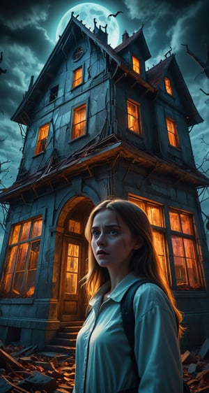 ultra high resolution, masterpiece, intricate detail, 4K, RAW Photo, best quality, sharp focus, A spooky scary haunted house in the 21st century, Night time, Cubism, art by Alex Gray, Woman standing outside of a Modern day digital art, Haunted house, muted colors, unnerving, horror themed attraction for thrill seekers looking for a fun and scary time, broken walls, holes in the roof, (ghosts in window), Digital art, cinematic lighting, hd, atmospheric, hyperdetailed, trending on artstation, deviantart, glow effect, it is a horror themed; it has defects in construction that make it unnerving and stressful;