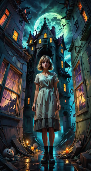 ultra high resolution, masterpiece, intricate detail, 4K, RAW Photo, best quality, sharp focus, A spooky scary haunted house in the 21st century, Night time, Cubism, art by Alex Gray, Woman standing outside of a Modern day digital art, Haunted house, muted colors, unnerving, horror themed attraction for thrill seekers looking for a fun and scary time, broken walls, holes in the roof, (ghosts in window), Digital art, cinematic lighting, hd, atmospheric, hyperdetailed, trending on artstation, deviantart, glow effect, it is a horror themed; it has defects in construction that make it unnerving and stressful;