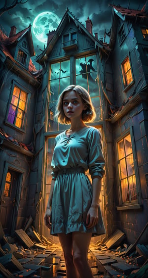 ultra high resolution, masterpiece, intricate detail, 4K, RAW Photo, best quality, sharp focus, A spooky scary haunted house in the 21st century, Night time, Cubism, art by Alex Gray, Woman standing outside of a Modern day digital art, Haunted house, muted colors, unnerving, horror themed attraction for thrill seekers looking for a fun and scary time, broken walls, holes in the roof, (ghosts in window), Digital art, cinematic lighting, hd, atmospheric, hyperdetailed, trending on artstation, deviantart, glow effect, it is a horror themed; it has defects in construction that make it unnerving and stressful;