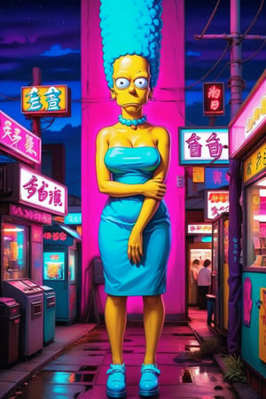 Hyper-detailed ultra-high-resolution hand-painted illustration of ((Marge from the Simpsons)), in the style of Scary Uncanny eerie unreal abnormal freaky Neon Art, further magnified by the unsettling surrealism of Salvador Dali. The world presented should have a foreboding aura, highlighted with neon hues of electric blue and violent pink. Envision the twisted and abstract forms with an air of haunting uncanniness, as if pulled from the depths of a nightmare. Landscapes or figures might contort in unsettling ways while being eerily illuminated by the vivid neon palette,cyberpunk style,anime,neon,Girl,miyo,cyberpunk,more detail XL
