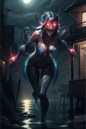 masterpiece,  best quality,  (action shot), horrendous,  ((((terrifyingly sexy sub-human fish women)))), ((sharp teeth)),  sinister smile,  gills,  fins,  fish scale,  ((((bright red glowing eyes)))),  hour glass figure,  naked,  long ethereal hair,  ((fins and gills)),  night time,  moonlight dock,  boating dock background,  boats in the background,  thick mist and fog,  view of the lake,  scary atmosphere,  terrifying lighting,  (dramatic lighting:1.1)
, DonMBl00mingF41ryXL, 
