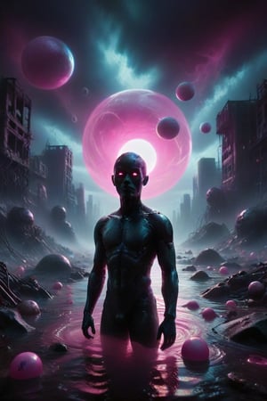 Create an image featuring a mysterious figure standing in a surreal, dark landscape surrounded by floating orbs with facial features against a moody pink and pastel blue scheme. This image will have a vaporwave aesthetic with a sinister style. Include intricate abstract swirl patterns emanating from the character's head to enhance the mystical vibe of the artwork. (standing on a river of neon pink liquid showcasing a slight joy in a vaporware dystopian future:1.1), A deep seeded nightmarish darkness orchestrates the terror beneath the somewhat bright cheery image displayed here giving chills to the v viewer. 
,zavy-cbrpnk