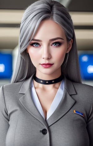 best quality, ultra high res, (photorealistic:1.4), 1girl, black choker, (faded ash gray hair:1), (huge breasts:1.2), air hostess uniform, at an airport, sexy, beautiful eyes, lips