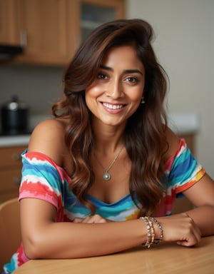 A vibrant and playful Indian girl, xshriya, sits confidently at a modern kitchen table, surrounded by the warmth of a cozy apartment. Her long, brown hair cascades down her back, swept to one side, framing her striking features. A bright smile spreads across her face, showcasing her radiant teeth. She wears an oversized tie-dye t-shirt dress that's bottomless and daringly off-the-shoulder, highlighting her curves and a delicate necklace. A bracelet adorns her wrist as she gazes directly at the camera, exuding carefree charm. The bright Instagram LUT enhances the overall aesthetic, adding a pop of color to the scene.