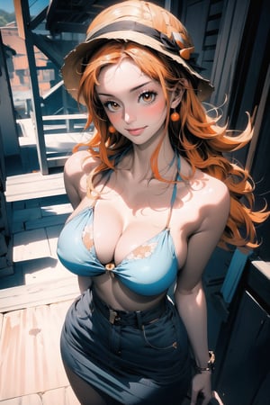 medium_body_portrait, (((Gorgeous woman with orange hair ))), ((oragen_hair)), long_hair, orange_eyes, nami/one pieces,  white_bikini_top, large_breast, standing_up, large_boobs,  floral summer dress,  straw hat, bare_feet, perfect feet, perfect finger,  mountains, sunny day, clear blue sky,  bright light,  vivid colors,  masterpiece,  intricate and elaborate details, (curvy_figure), perky, perfect legs, big smile,  beautiful,  daring, Realism,  top open,  cleavage cutout,  perfect, Detailedface, 3DMM, girl, ((NamiOP)),highres,midjourney,perfect