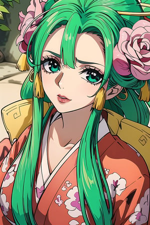 2d, high_resolution, masterpiece, (full-body_portrait), ((full_body)), (full_shot), perfectly detailed, detailed face, detailed eyes, beautiful eyes, looking at viewer, 1girl, large breast, biting_lips, seductive, first_person_pov, standing_up, green_hair, flower_in_hair, rose_in_hair, long-hair, curvaceous, emerald_eyes, green_eyes,  garden_background, flowers, garden, traditional clothes, kimono, print_kimono, kimono, overboob, absolute_cleavage, ,((KOZUKI HIYORI)), hiyori, kozuki_hiyori, 