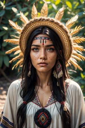 beautiful face Native Mexican Azteca tribal woman, long black hair, hazel eyes healer, shaman, natural mystical,