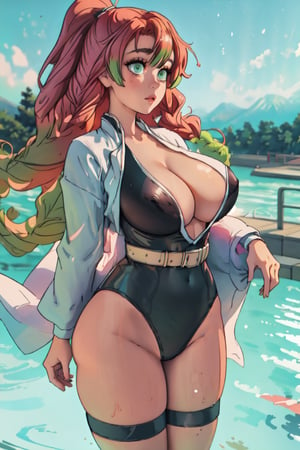 (best quality, masterpiece, ultra quality), 1girl, ((large_breasts)), ((swim_suit)), crossed_legs_(standing), curvy, perfect body, green_eyes, perfecteyes, (curvy_figure), curvaceous, full_body, full_shot, UHD, high_resolution, detailed face, perfect hands, perfect face, perfect eyes, frontal_view, looking_at_viewer,  soaking_feet, japan_palace_background, mitsuri(demon slayer), perfecteyes