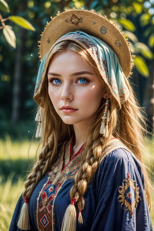 beautiful face Native russian woman, long blonde hair, blue eyes healer, traditional_clothing, natural mystical,