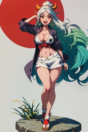 (best quality, masterpiece, ultra quality), 1girl, ((large_breasts)), (sticking_tongue_out), yamato\(one piece\), multicolored hair, white hair, green hair, oni horn, colored horn, long hair, red eyes, full_body, print_yukata, (absolute_cleavage), ,crossed_legs_(standing), UHD, closeup_shot, (upper_body), looking_at_camera, first-person_view, 8K, curvaceous, ((curvy_figure)), abs, tokyo_background, perfecteyes, yamato\(one piece\),