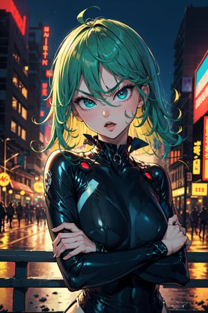 masterpiece, best quality, (detailed background), (beautiful detailed face, beautiful detailed eyes), absurdres, highres, ultra detailed, masterpiece, best quality, detailed eyes, frown, green_eyes, green hair, crossed_arms, folded arms, floating, dark green tight dress, long_sleeves, high collar, ,asian girl, upper body, sexy pose, alluring, erotic pose, open mouth, seductive, kinky, close-fitting clothing, neck bone, at the city , midnight, cyberounk scene, neon lights, vfx, splashes, lightning, light particles, electric, dj theme, synthwave theme, (bokeh:1.1), depth of field