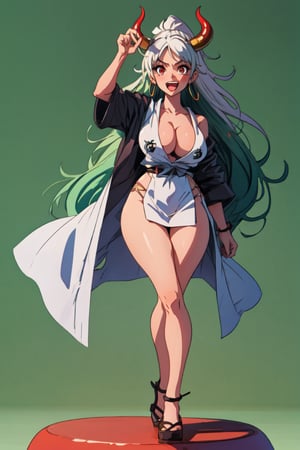 (best quality, masterpiece, ultra quality), 1girl, ((large_breasts)), (sticking_tongue_out), yamato\(one piece\), multicolored hair, white hair, green hair, oni horn, colored horn, long hair, red eyes, full_body, print_yukata, absolute_cleavage, crossed_legs_(standing), UHD, medium_shot, upper_body, looking_at_camera, first-person_view, 8K, curvaceous, ((curvy_figure)), abs, basic_background, perfecteyes, yamato\(one piece\),