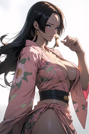 2d, masterpiece, best quality, anime, highly detailed , (best quality, masterpiece, ultra quality), anime_girl, 1girl, boa hancock, ((large_breasts)), (print_yukata), cleavage cutout, crop top, hazel_eyes, straight hair, black_hair, long_hair, curvy_figure, thin waist, beautiful figure, wide hips, detailed face, detailes eyes, perfect_skin, ((closeup_shot)), ((front_view)), ((looking-at-viewer)), low angle, ,room_background, (((hancock1))) , side_boobs, underboob, panty_hose, ,midjourney, topless_(female), brown_nipples, 