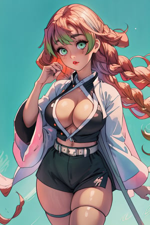 (best quality, masterpiece, ultra quality), 1girl, ((large_breasts)), white_yukata, crop_top, crossed_legs_(standing), curvy, perfect body, green_eyes, perfecteyes, (curvy_figure), curvaceous, full_body, full_shot, UHD, high_resolution, detailed face, perfect hands, perfect face, perfect eyes, frontal_view, looking_at_viewer,  soaking_feet, japan_palace_background, mitsuri(demon slayer), perfecteyes