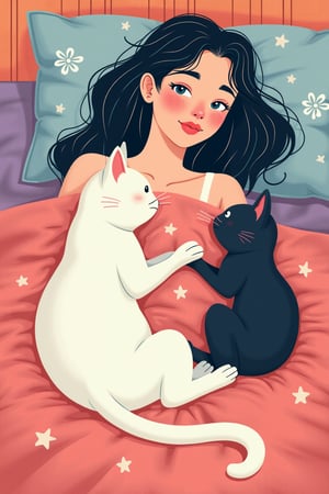 A white cat, a black cat and an attractive woman in bed, soft colors, in the style of Japanese woodblock print, colorful with pink, blue, purple, red, and orange pastel tones.