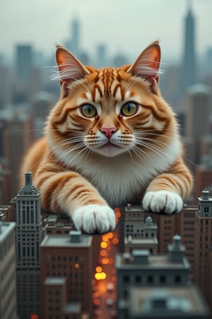 A hyperrealistic image shot with a 24mm wide-angle lens, f/5.6, from a low angle, looking up at a giant cat lounging across a tiny city. The camera captures the playful yet colossal presence of the cat, with the sharp details of the city’s buildings contrasting against the soft fur of the animal.