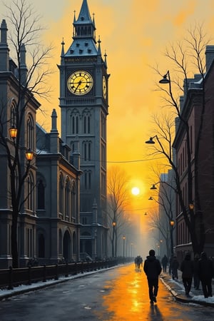 a painting of a gothic clock tower on a city street, a pop art painting, inspired by John Salminen, digital art, gray and orange colours, surreal black and yellow