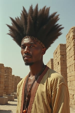 middle easterner with absolute huge, tall geometrical-shaped-haircut in a shape of a buket. at ruins, 1970s, by james natchwey