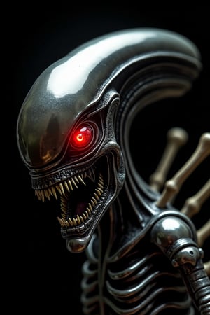 hr giger's Alien in silver chrome color. fangs, red light eyes, spikes from his back. Black background made from bones.