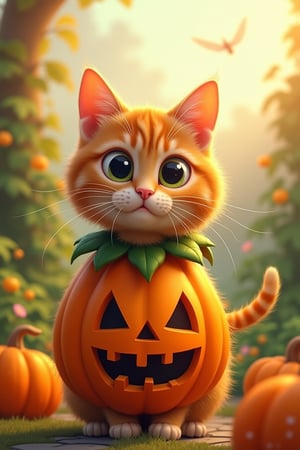 Humorous and exaggerated ginger cat, caricatures, fun twist on pet portraits, one eye bigger in a costume of a pumpkin. Background a sunny day in the garden.