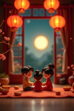 Miniature landscape, clay material. The family is getting together. The background is the reunion atmosphere of the Chinese Mid-Autumn Festival with lanterns and mooncakes. There is a round moon in the sky outside the window. It is a warm picture with a night view. Minimalism, poster art.