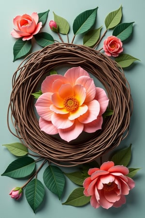 Corrugated paper camellia flowers nest in Wes Anderson colors